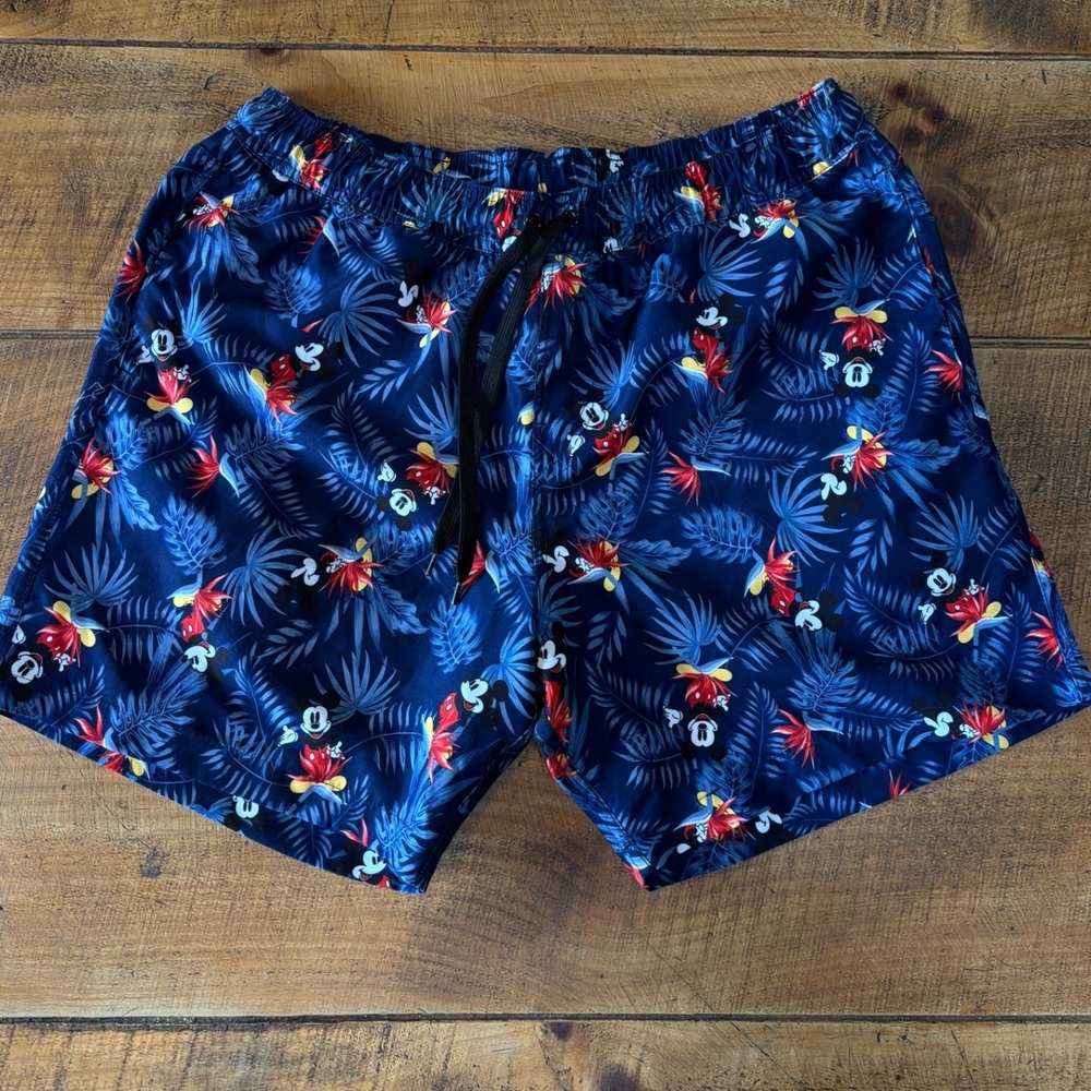 Disney Mens Mickey Mouse Blue Tropical Hawaiian Swim Trunks Pockets Size Large